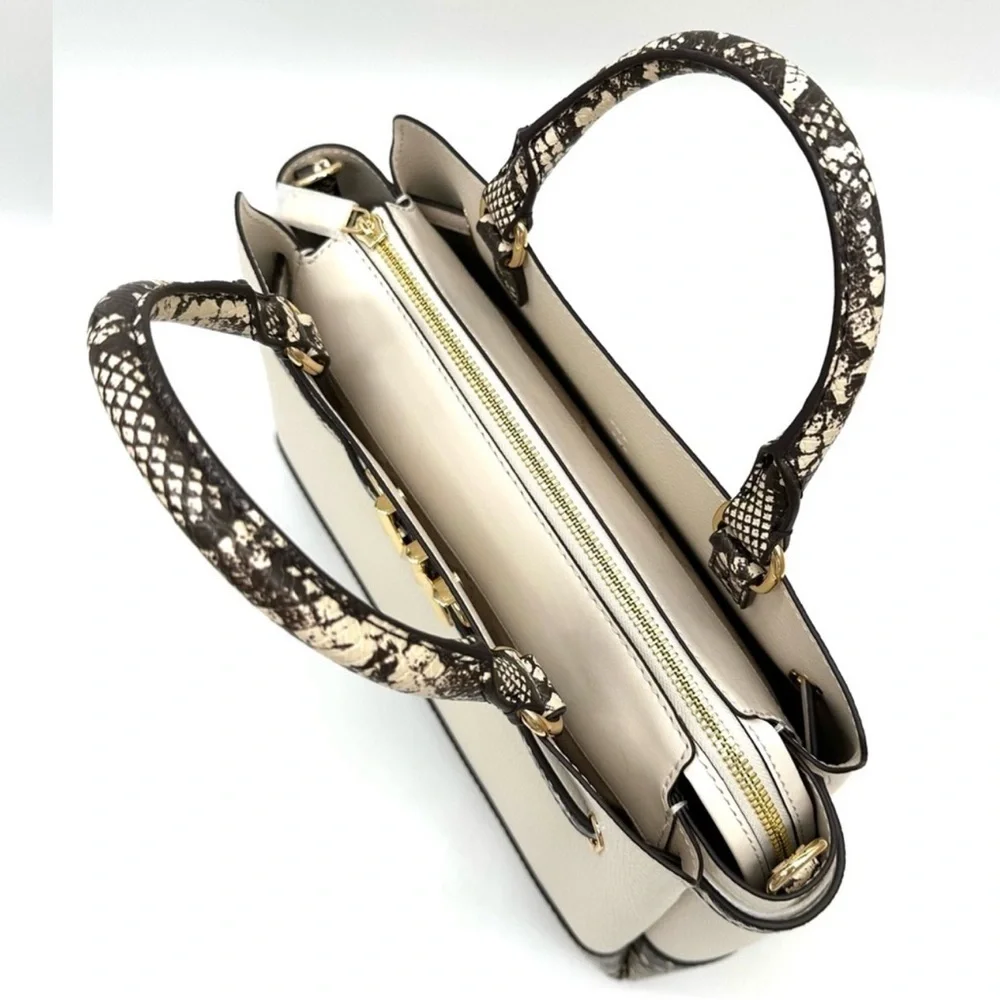 Michael Kors Large Reed Leather Belted Satchel Crossbody Bag Cream Snakeskin
